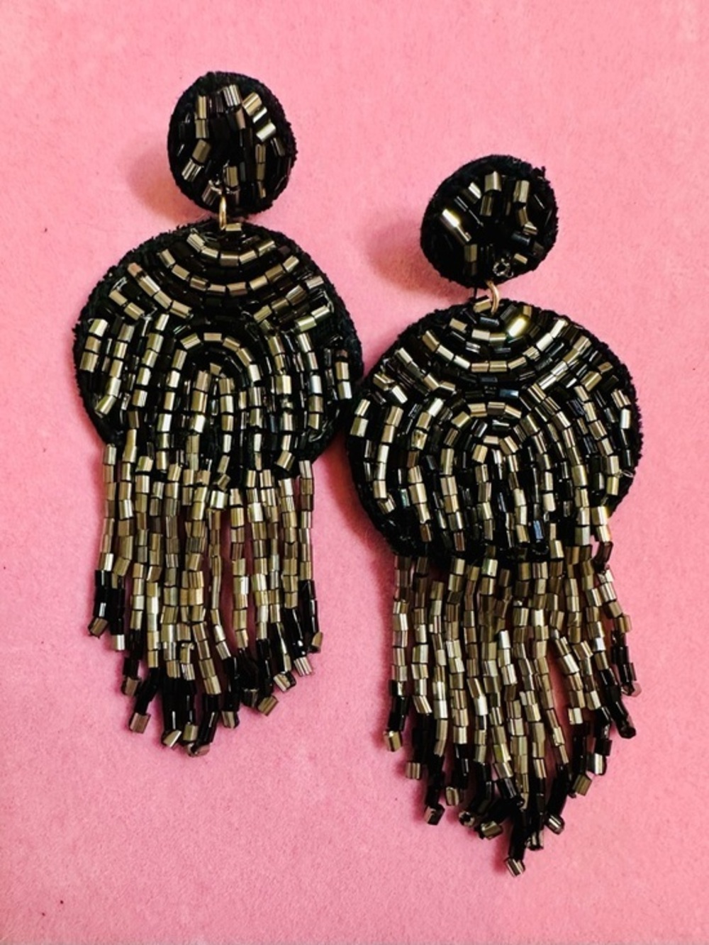 Black Beaded Fringe Earrings